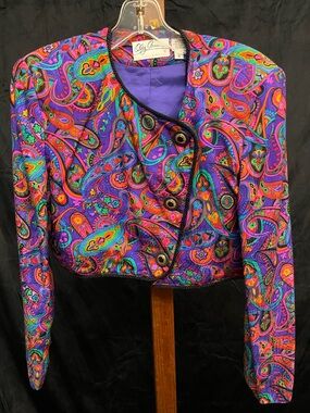 Vtg 80s Oleg Cassini Silk Cropped Paisley Jacket | Neon Jewel Tone Blazer 6
